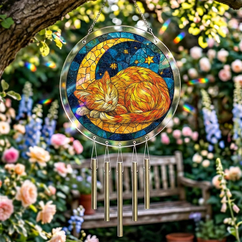 Starry Moon Cat Acrylic Suncatcher – Celestial Night Window Hanging Decor