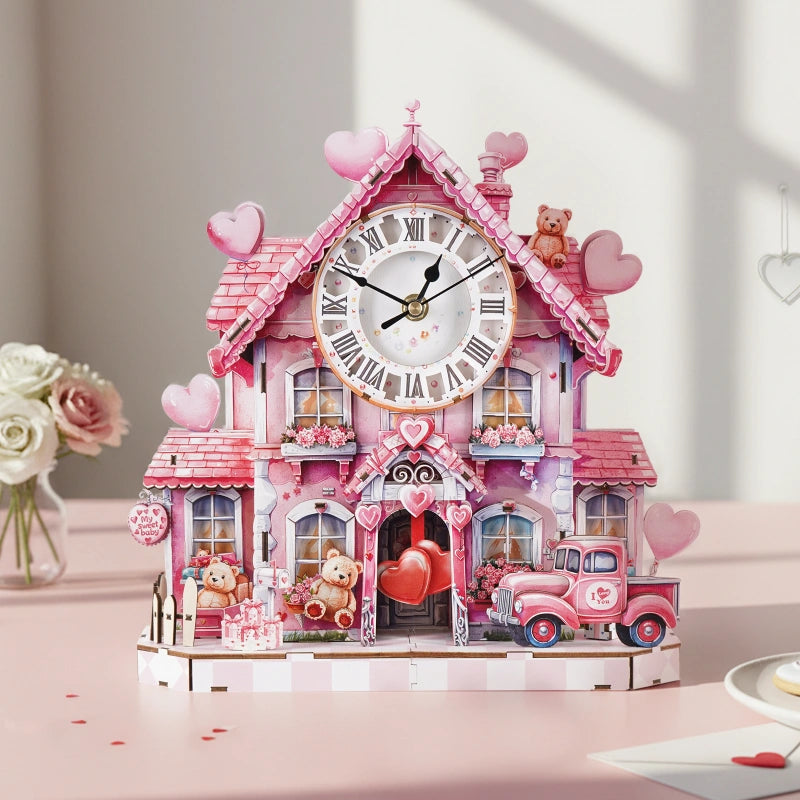 Sweetheart Cottage DIY Wooden Clock – 3D Puzzle Craft Kit & Functional Mechanical Clock Gift