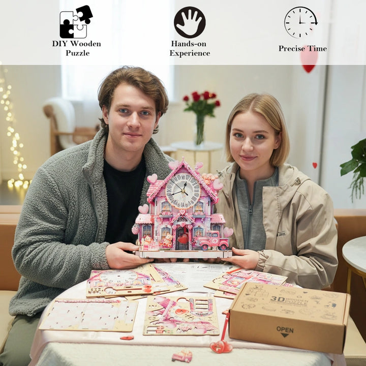 Sweetheart Cottage DIY Wooden Clock – 3D Puzzle Craft Kit & Functional Mechanical Clock Gift