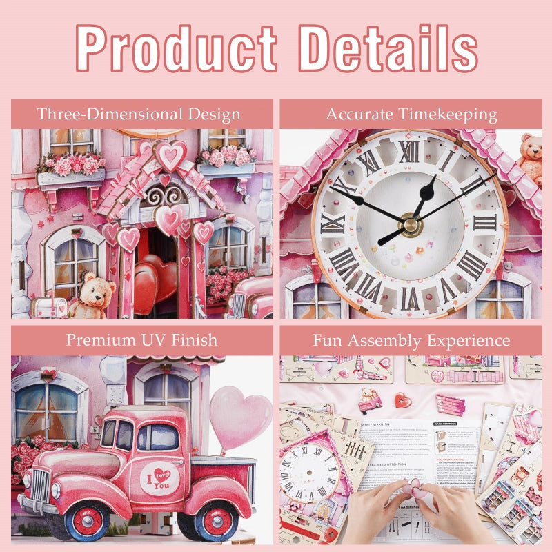 Sweetheart Cottage DIY Wooden Clock – 3D Puzzle Craft Kit & Functional Mechanical Clock Gift