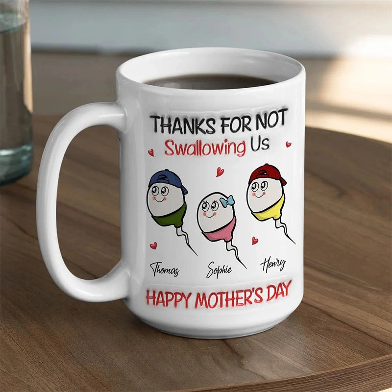 “Thanks For Not Swallowing Me” Personalized Funny Mug – Custom Kids Name Mug for Mom | Mother’s Day Gift from Kids