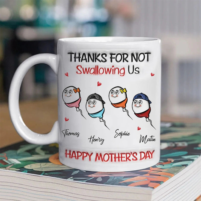 “Thanks For Not Swallowing Me” Personalized Funny Mug – Custom Kids Name Mug for Mom | Mother’s Day Gift from Kids