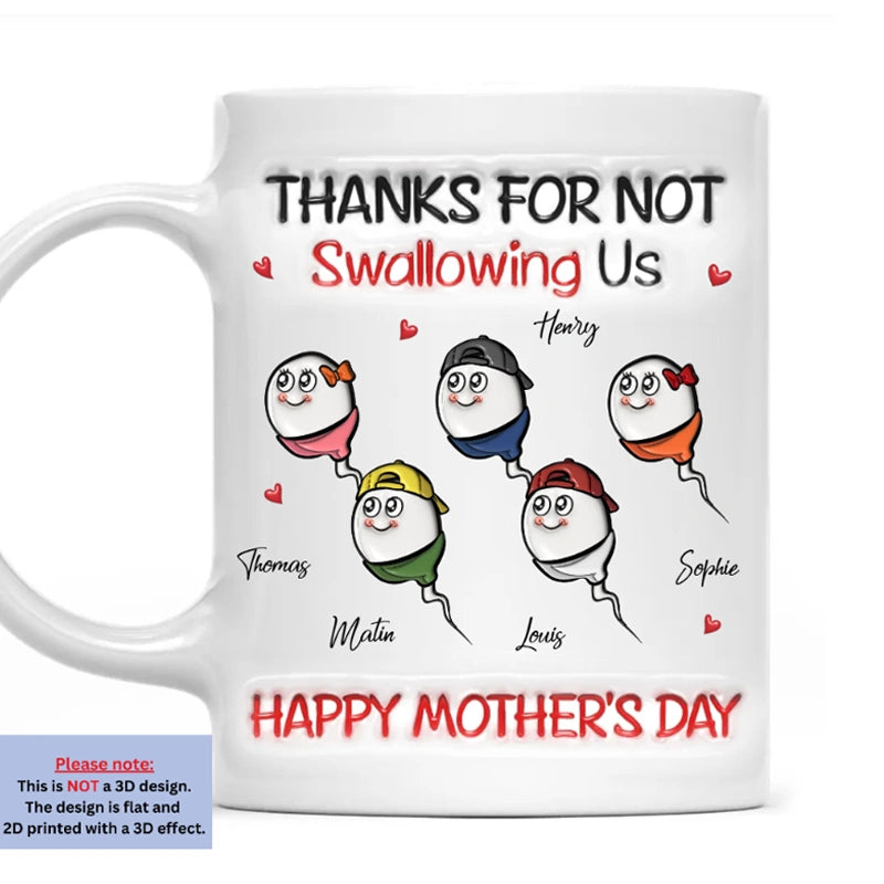 “Thanks For Not Swallowing Me” Personalized Funny Mug – Custom Kids Name Mug for Mom | Mother’s Day Gift from Kids