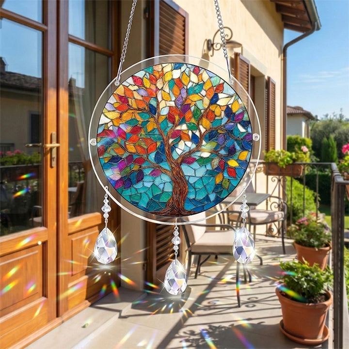 Tree of Luminous Leaves Acrylic Suncatcher – Radiant Tree of Life Window Hanging Decor